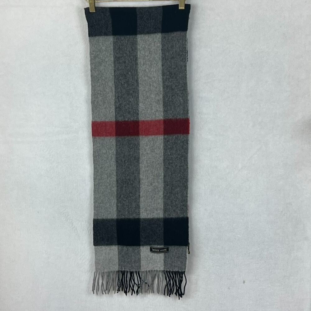 Bytu Collection 100% Wool Mens Plaid Scarf Gray Fringed
